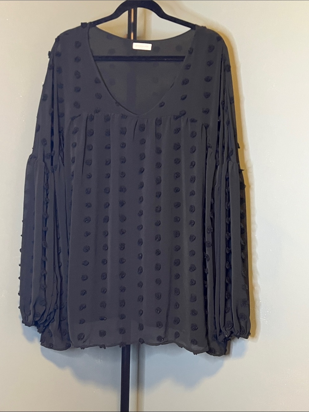 Black Swiss Dot V-Neck Balloon Sleeve Blouse - Women's